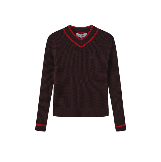 top l/s cable knit striped trim v sweater - purple