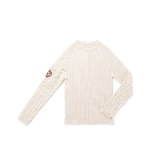 top l/s chunky cable knit apple crest sweater - ecru