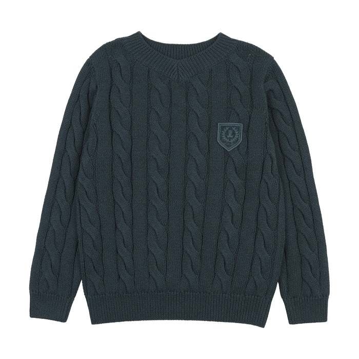 top l/s chunky cable knit v sweater - navy