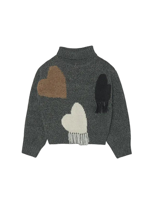 top l/s chunky knit heart detail turtleneck - gray-014