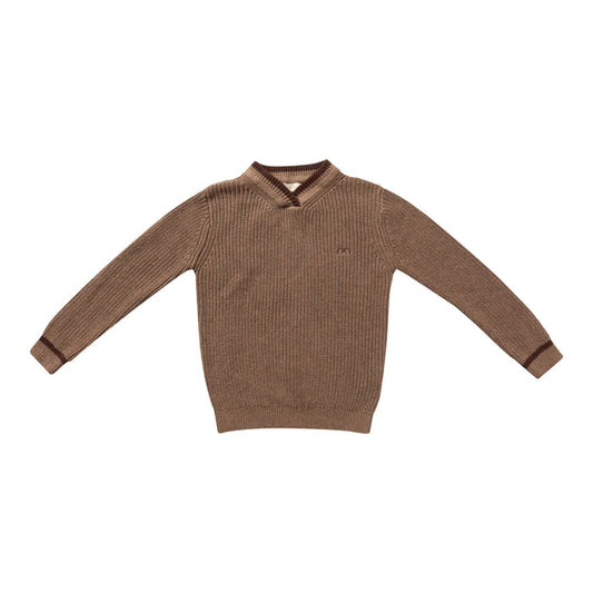 top l/s chunky knit stripe v neck sweater - mocha-491