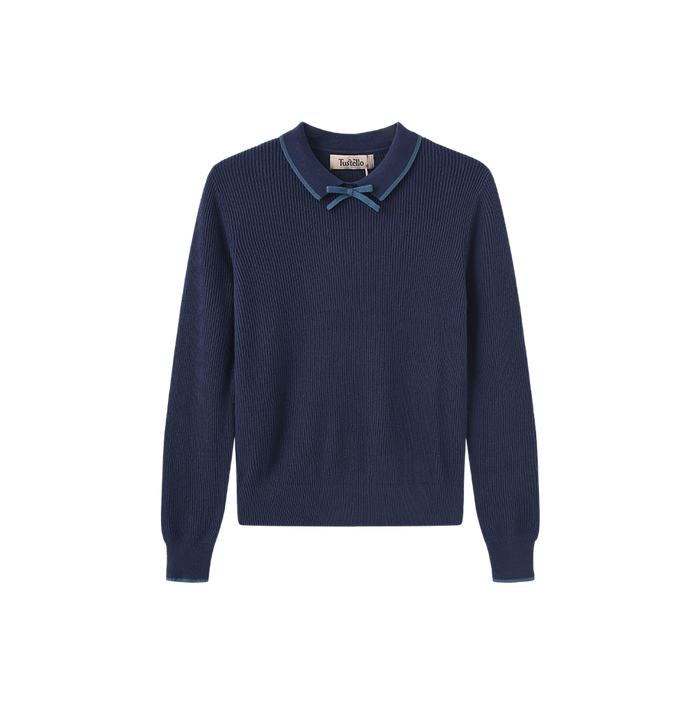 top l/s color trim collared sweater - navy