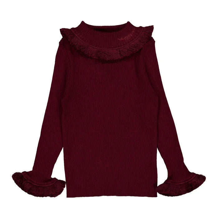top l/s knit fringe turtleneck - wine