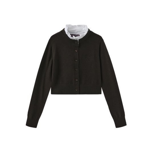 top l/s knit ruffle trim crest cardigan - brown