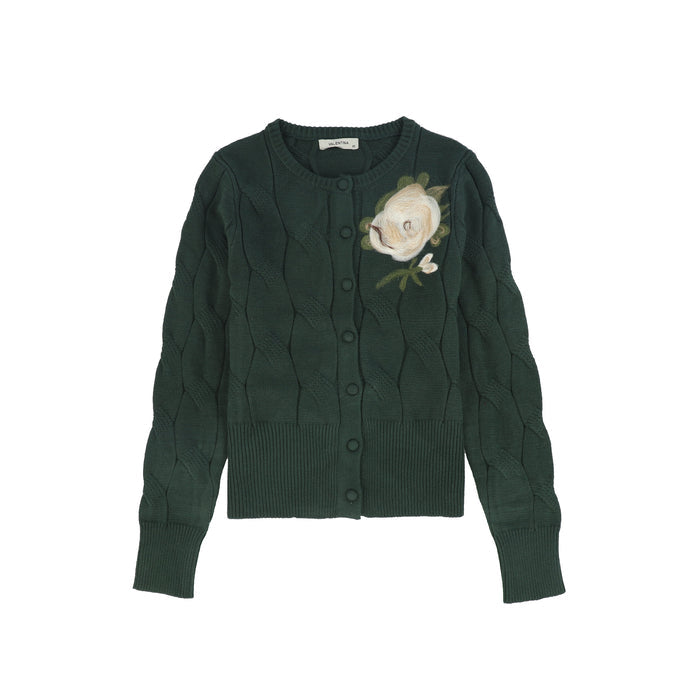 top l/s large cable knit flower cardigan - green
