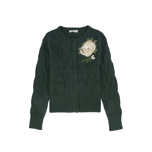 top l/s large cable knit flower cardigan - green