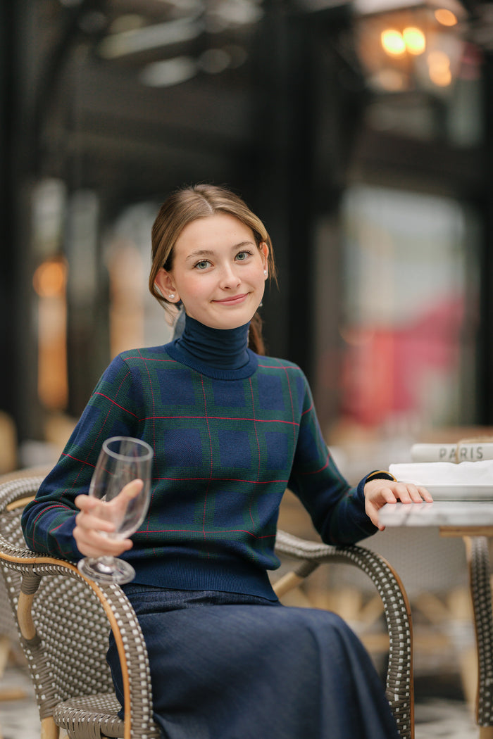top l/s plaid sweater - navy