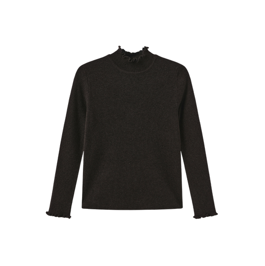 top l/s ruffle trim knit sweater - brown