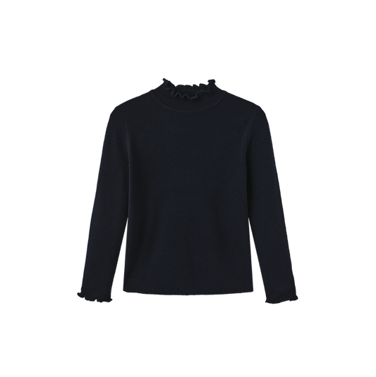 top l/s ruffle trim knit sweater - navy
