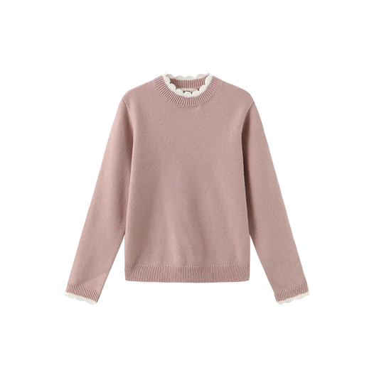top l/s scalloped trim sweater - dusty pink