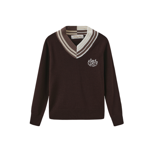 top l/s striped trim crest sweater - brown