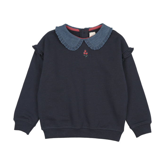top l/s sweet campaign denim collar ruffle sweatshirt - navy