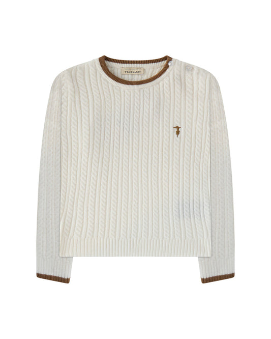 top l/s thin cable knit sweater - off white/camel