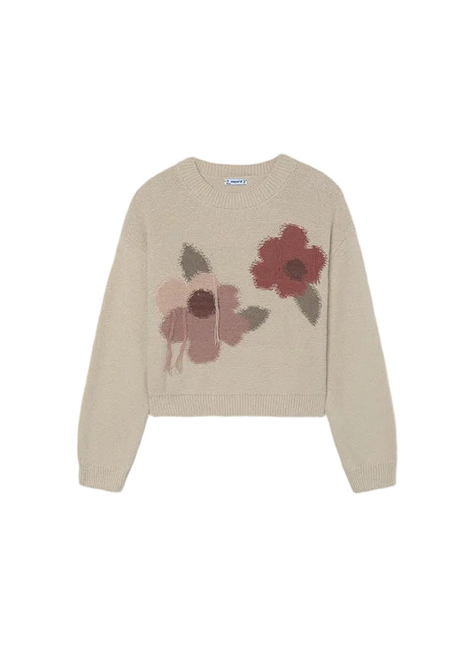 top l/s thread flower knit sweater - cream-010