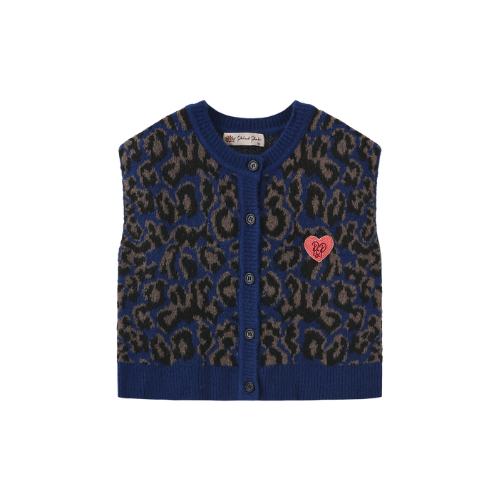 vest leopard knit button - blue