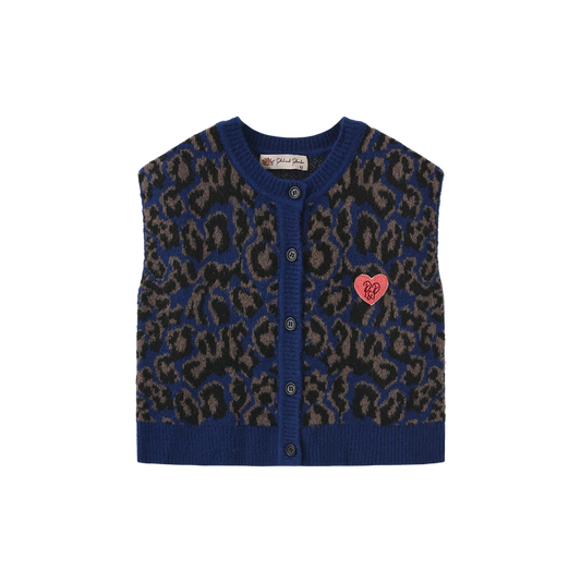 vest leopard knit button - blue