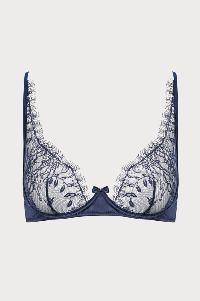Villa Satine Navy Lace Wire Bra, Size UK 32B