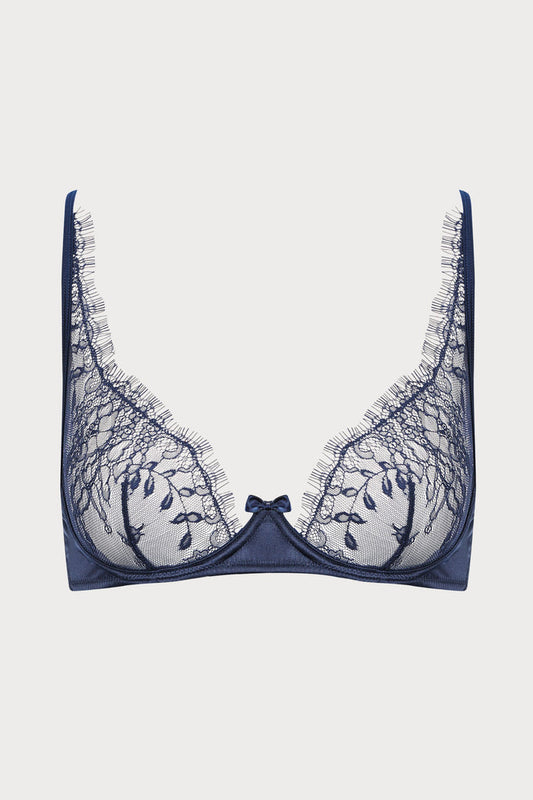 Villa Satine Navy Lace Wire Bra, Size UK 32B